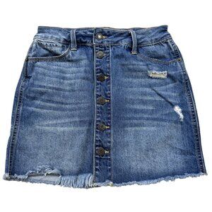 Mudd Womens Blue Distressed Denim Skirt Button Front FLX Stretch Raw Hem Size 1
